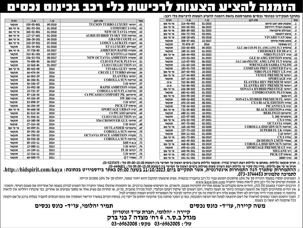 הזמנה להציע הצעוצ לרכישת כלי רכב בכינוס נכסים