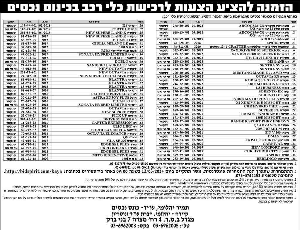 הזמנה להציע הצעות לרכישת כלי רכב בכינוס נכסים
