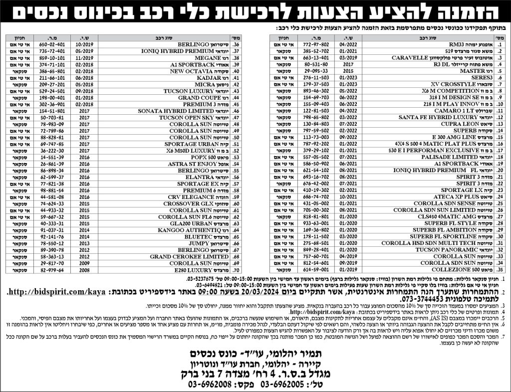 הזמנה להציע הצעות לרכישת כלי רכב בכינוס נכסים