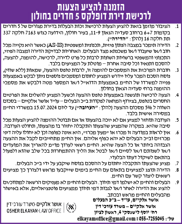 הזמנה להציע הצעות לרכישת דירת דופלקס 5 חדרים בחולון