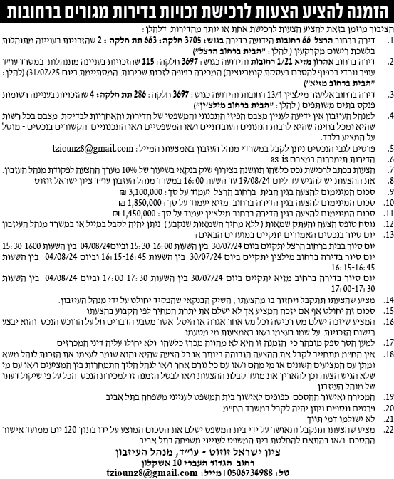 הזמנה להציע הצעות לרכישת זכויות בדירות מגורים ברחובות