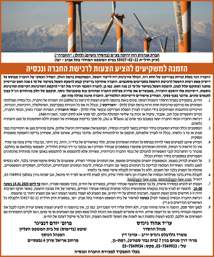 הזמנה למשקיעים להציע לרכישת החברה ונכסיה