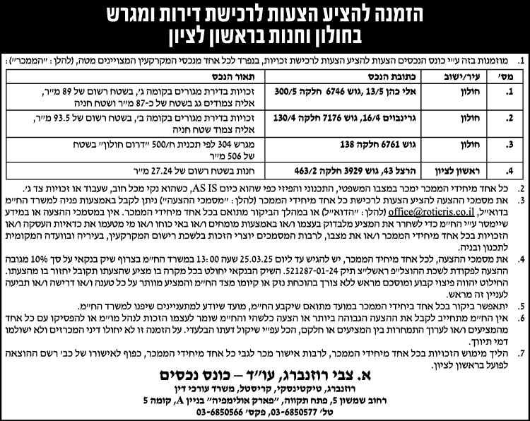 הזמנה להציע הצעות לרכישת דירות ומגרש בחולון וחנות בראשון לציון